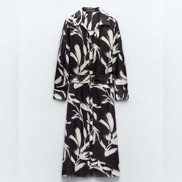 Zara Satin Printed Belted Dress New - Picture 6 of 9